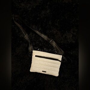 BCBG Glossy White Crossbody Bag with Black Accents